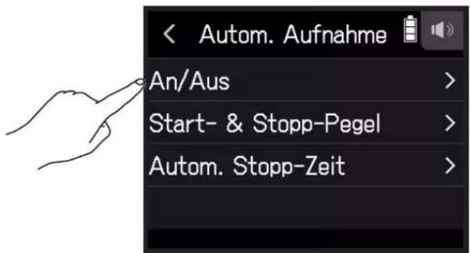 < Autom. Aufnahme An/Aus > Start- & Stopp-Pegel > Autom. Stopp-Zeit >