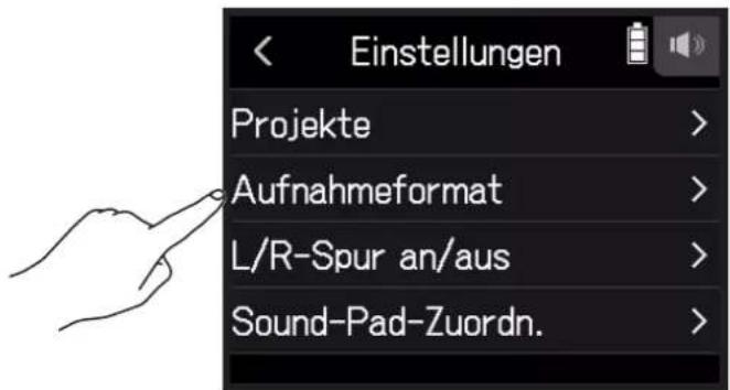 Einstellungen Projekte > Aufnahmeformat > L/R-Spur an/aus > Sound-Pad-Zuordn.