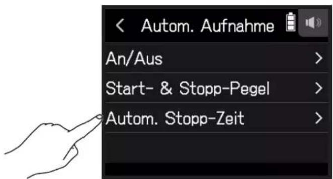 < Autom. Aufnahme An/Aus > Start- & Stopp-Pegel > Autom. Stopp-Zeit >