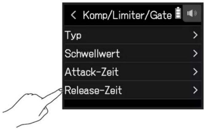 < Komp/Limiter/Gate Typ > Schwellwert > Attack-Zeit > Release-Zeit >