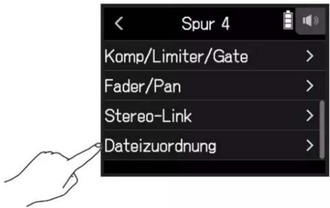 Spur 4 Komp/Limiter/Gate > Fader/Pan > Stereo-Link > Dateizuordnung >