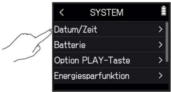 SYSTEM Datum/Zeit > Batterie > Option PLAY-Taste > Energiesparfunktion >
