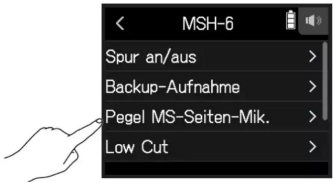 MSH-6 Spur an/aus > Backup-Aufnahme > Pegel MS-Seiten-Mik. Low Cut >