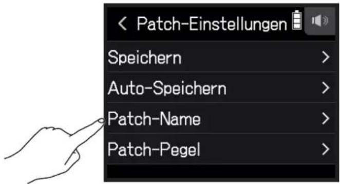 < Patch-Einstellungen Speichern > Auto-Speichern > Patch-Name > Patch-Pegel >