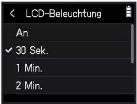 LCD-Beleuchtung An ✓ 30 Sek. 1 Min. 2 Min.