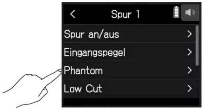 Spur 1 Spur an/aus > Eingangspegel > Phantom > Low Cut >