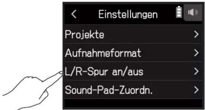 Einstellungen Projekte > Aufnahmeformat > L/R-Spur an/aus > Sound-Pad-Zuordn.