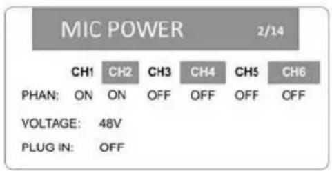 MIC POWER 2/14 CH1 CH2 CH3 CH4 CH5 CH6 PHAN: ON ON OFF OFF OFF OFF VOLTAGE: 48V PLUG IN: OFF