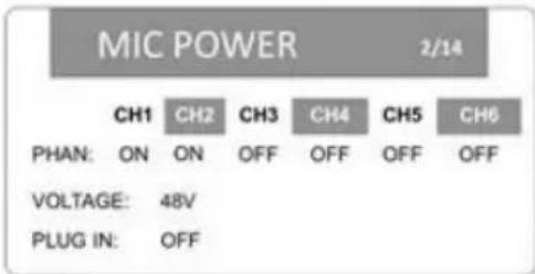 MIC POWER 2/14 CH1 CH2 CH3 CH4 CH5 CH6 PHAN: ON ON OFF OFF OFF OFF VOLTAGE: 48V PLUG IN: OFF