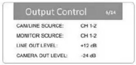 Output Control 5/24 CAM/LINE SOURCE: CH 1-2 MONITOR SOURCE: CH 1-2 LINE OUT LEVEL: +12 dB CAMERA OUT LEVEL: -24 dB
