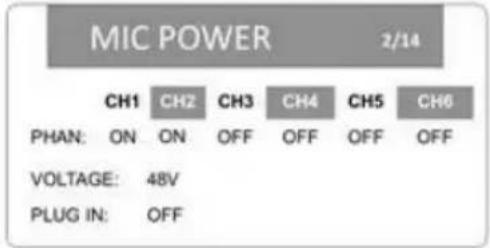 MIC POWER 2/14 CH1 CH2 CH3 CH4 CH5 CH6 PHAN: ON ON OFF OFF OFF OFF VOLTAGE: 48V PLUG IN: OFF