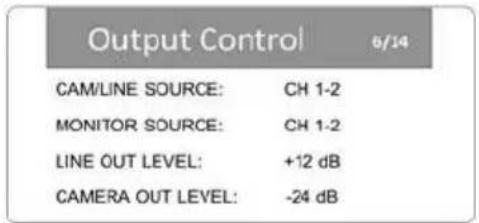 Output Control 6/14 CAM/LINE SOURCE: CH 1-2 MONITOR SOURCE: CH 1-2 LINE OUT LEVEL: +12 dB CAMERA OUT LEVEL: -24 dB