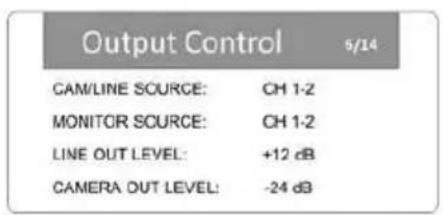 Output Control 5/14 CAM/LINE SOURCE: CH 1-2 MONITOR SOURCE: CH 1-2 LINE OUT LEVEL: +12 dB CAMERA OUT LEVEL: -24 dB