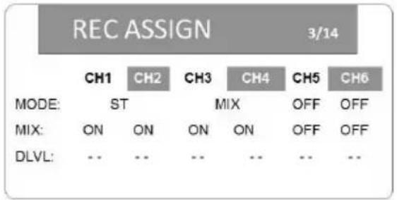 REC ASSIGN 3/14 MODE: CH1 CH2 CH3 CH4 CH5 CH6 ST MIX OFF OFF ON ON ON ON OFF OFF MIX: ON ON ON ON OFF OFF DLVL: -- -- -- -- --