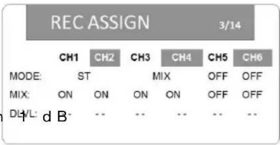 REC ASSIGN 3/14 MODE: CH1 CH2 CH3 CH4 CH5 CH6 ST MIX OFF OFF MIX: ON ON ON ON OFF OFF DLY/L: -- -- -- -- d B