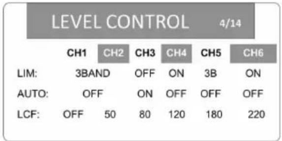 LEVEL CONTROL 4/14 CH1 CH2 CH3 CH4 CH5 CH6 LIM: 3BAND OFF ON 3B ON AUTO: OFF ON OFF OFF OFF LCF: OFF 50 80 120 180 220