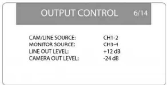 OUTPUT CONTROL 6/14 CAM/LINE SOURCE: CH1-2 MONITOR SOURCE: CH3-4 LINE OUT LEVEL: +12 dB CAMERA OUT LEVEL: -24 dB