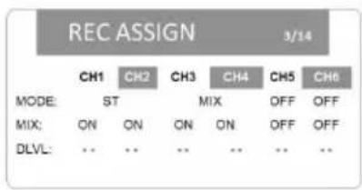 REC ASSIGN 3/14 MODE: CH1 CH2 CH3 CH4 CH5 CH6 ST MIX OFF OFF MIX: ON ON ON ON OFF OFF DLVL: .. .. .. .. .. ..