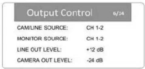 Output Control 6/14 CAM/LINE SOURCE: CH 1-2 MONITOR SOURCE: CH 1-2 LINE OUT LEVEL: +12 dB CAMERA OUT LEVEL: -24 dB
