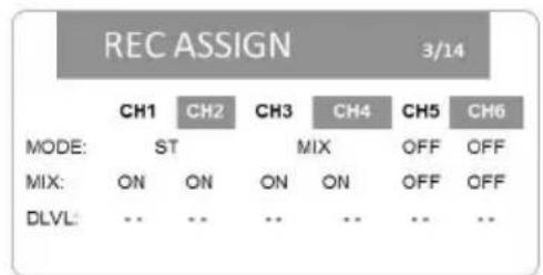REC ASSIGN 3/14 MODE: CH1 CH2 CH3 CH4 CH5 CH6 ST MIX OFF OFF ON ON ON ON OFF OFF MIX: DLVL: .. .. .. .. .. ..