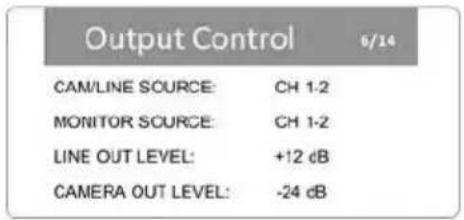 Output Control 6/14 CAM/LINE SOURCE: CH 1-2 MONITOR SOURCE: CH 1-2 LINE OUT LEVEL: +12 dB CAMERA OUT LEVEL: -24 dB