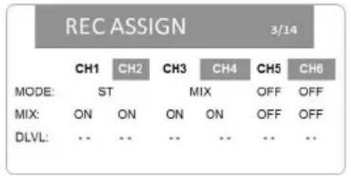 REC ASSIGN 3/14 MODE: CH1 CH2 CH3 CH4 CH5 CH6 ST MIX: ON ON ON ON OFF OFF DLVL: -- -- -- -- -- --