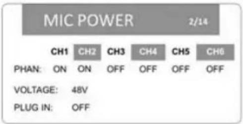 MIC POWER 2/14 CH1 CH2 CH3 CH4 CH5 CH6 PHAN: ON ON OFF OFF OFF OFF VOLTAGE: 48V PLUG IN: OFF