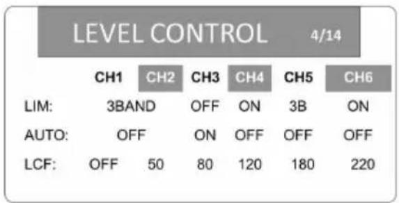 LEVEL CONTROL 4/14 CH1 CH2 CH3 CH4 CH5 CH6 LIM: 3BAND OFF ON 3B ON AUTO: OFF ON OFF OFF OFF LCF: OFF 50 80 120 180 220