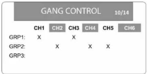 GANG CONTROL 10/14 CH1 CH2 CH3 CH4 CH5 CH6 GRP1: X X GRP2: X X X GRP3:
