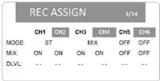 REC ASSIGN 3/14 MODE: CH1 CH2 CH3 CH4 CH5 CH6 ST MIX OFF OFF MIX: ON ON ON ON OFF OFF DLVL: -- -- -- -- -- --