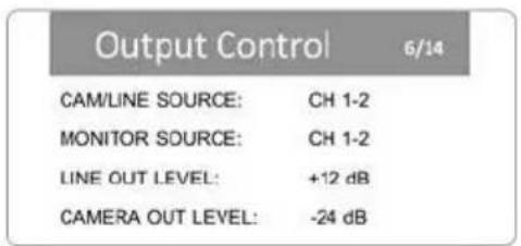 Output Control 6/14 CAM/LINE SOURCE: CH 1-2 MONITOR SOURCE: CH 1-2 LINE OUT LEVEL: +12 dB CAMERA OUT LEVEL: -24 dB
