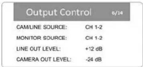 Output Control 6/14 CAM/LINE SOURCE: CH 1-2 MONITOR SOURCE: CH 1-2 LINE OUT LEVEL: +12 dB CAMERA OUT LEVEL: -24 dB