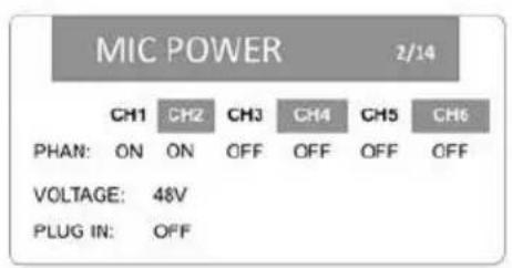 MIC POWER 2/14 CH1 CH2 CH3 CH4 CH5 CH6 PHAN: ON ON OFF OFF OFF OFF VOLTAGE: 48V PLUG IN: OFF