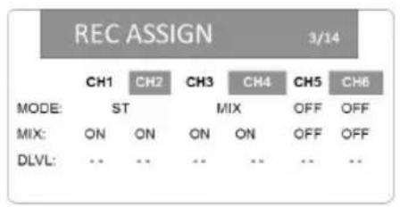 REC ASSIGN 3/14 MODE: CH1 CH2 CH3 CH4 CH5 CH6 ST MIX OFF OFF ON ON ON ON OFF OFF MIX: DLVL: -- -- -- -- -- --