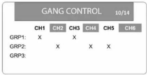 GANG CONTROL 10/14 CH1 CH2 CH3 CH4 CH5 CH6 GRP1: X X GRP2: X X X GRP3:
