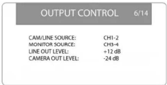 OUTPUT CONTROL 6/14 CAM/LINE SOURCE: CH1-2 MONITOR SOURCE: CH3-4 LINE OUT LEVEL: +12 dB CAMERA OUT LEVEL: -24 dB