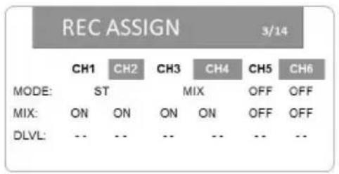 REC ASSIGN 3/14 MODE: CH1 CH2 CH3 CH4 CH5 CH6 ST MIX OFF OFF ON ON ON ON OFF MIX: ON ON ON ON OFF DLVL: -- -- -- -- -- --