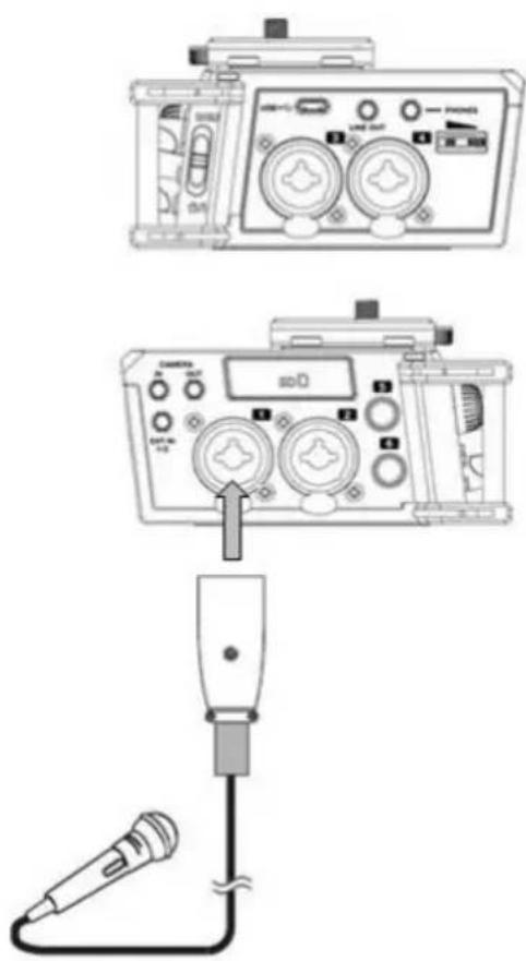 Diagram showing two connected electronic devices with labels and control buttons, one connected to a microphone.