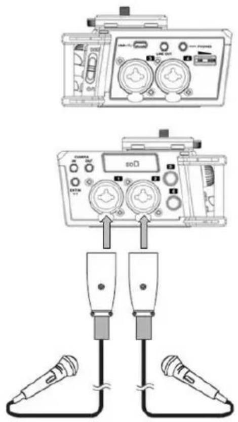 Diagram showing two connected devices with labeled ports and connections, including a display panel and two microphones.