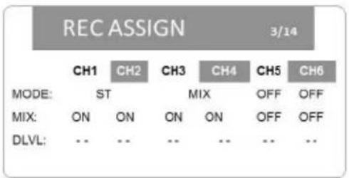 REC ASSIGN 3/14 MODE: CH1 CH2 CH3 CH4 CH5 CH6 ST MIX OFF OFF ON ON ON ON OFF OFF MIX: DLVL: -- -- -- -- -- -- --