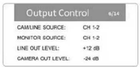 Output Control 6/14 CAM/LINE SOURCE: CH 1-2 MONITOR SOURCE: CH 1-2 LINE OUT LEVEL: +12 dB CAMERA OUT LEVEL: -24 dB