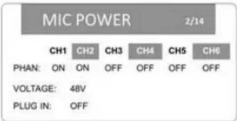 MIC POWER 2/14 CH1 CH2 CH3 CH4 CH5 CH6 PHAN: ON ON OFF OFF OFF OFF VOLTAGE: 48V PLUG IN: OFF