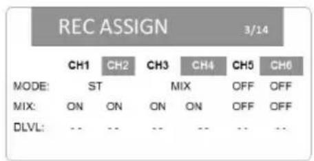 REC ASSIGN 3/14 MODE: CH1 CH2 CH3 CH4 CH5 CH6 ST MIX OFF OFF ON ON ON ON OFF OFF MIX: DLVL: -- -- -- -- -- --