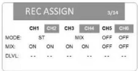 REC ASSIGN 3/14 MODE: CH1 CH2 CH3 CH4 CH5 CH6 ST MIX OFF OFF MIX: ON ON ON ON OFF OFF DLVL: -- -- -- -- -- --