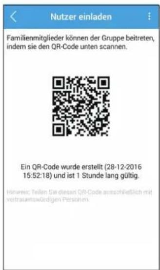 Nutzer einladen Familienmitglieder können der Gruppe beitreten, indem sie den QR-Code unten scannen. Ein QR-Code wurde erstellt (28-12-2016 15:52:18) und ist 1 Stunde lang gültig. Hinweise: Teilen Sie dieser QR-Code ausschließlich mit vertrauenswürdigen Personen.