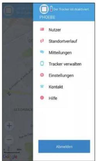 Dier Tracker ist dalkiviert PHOEBE Nutzer Standortverlauf Mitteilungen Tracker verwalten Einstellungen Kontakt Hilfe Abmelden