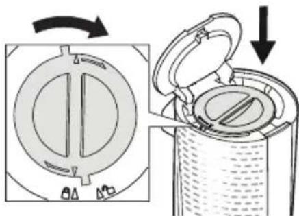 Diagram illustrating a mechanical device with rotating and open states, showing internal components and directional arrows.