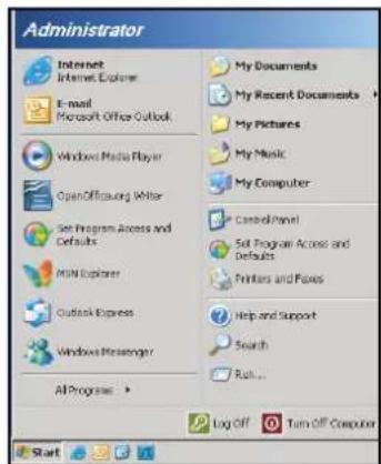 Administrator Internet Internet Explorer E-mail Microsoft Office Outlook Windows Media Player OpenOffloading Writer Set Program Access and Defaults MSN Explorer Outlook Express Windows Passenger All Programs > My Documents My Recent Documents My Pictures My Music My Computer Control Panel Soft Program Access and Defaults Printers and Files Help and Support Search Run... Log Off Turn Off Computer Start