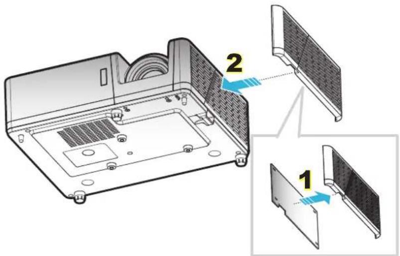 Technical diagram of a laptop rear panel with labeled components and assembly steps