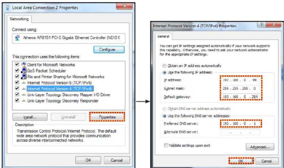 Local Area Connection 2 Properties Networking Connect using: Atheros AR8151 PCI-E Gigabit Ethernet Controller (NDIS €) Configure... This connection uses the following items: Client for Microsoft Networks QoS Packet Scheduler File and Printer Sharing for Microsoft Networks Internet Protocol Version 6 (TCP/IPv6) Internet Protocol Version 4 (TCP/IPv4) Link-Layer Topology Discovery Mapper I/O Driver Link-Layer Topology Discovery Responder Install... Uninstall Properties Description Transmission Control Protocol/Internet Protocol. The default wide area network protocol that provides communication across diverse interconnected networks. Internet Protocol Version 4 (TCP/IPv4) Properties General You can get IP settings assigned automatically if your network supports this capability. Otherwise, you need to ask your network administrator for the appropriate IP settings. Obtain an IP address automatically Use the following IP address: IP address: 192 . 168 . 0 . 99 Submit mask: 255 . 255 . 255 . 0 Default gateway: 192 . 168 . 0 . 254 Obtain DNS server address automatically Use the following DNS server addresses: Preferred DNS server: 192 . 168 . 0 . 1 Alternate DNS server: . Validate settings upon exit Advanced... OK Cancel